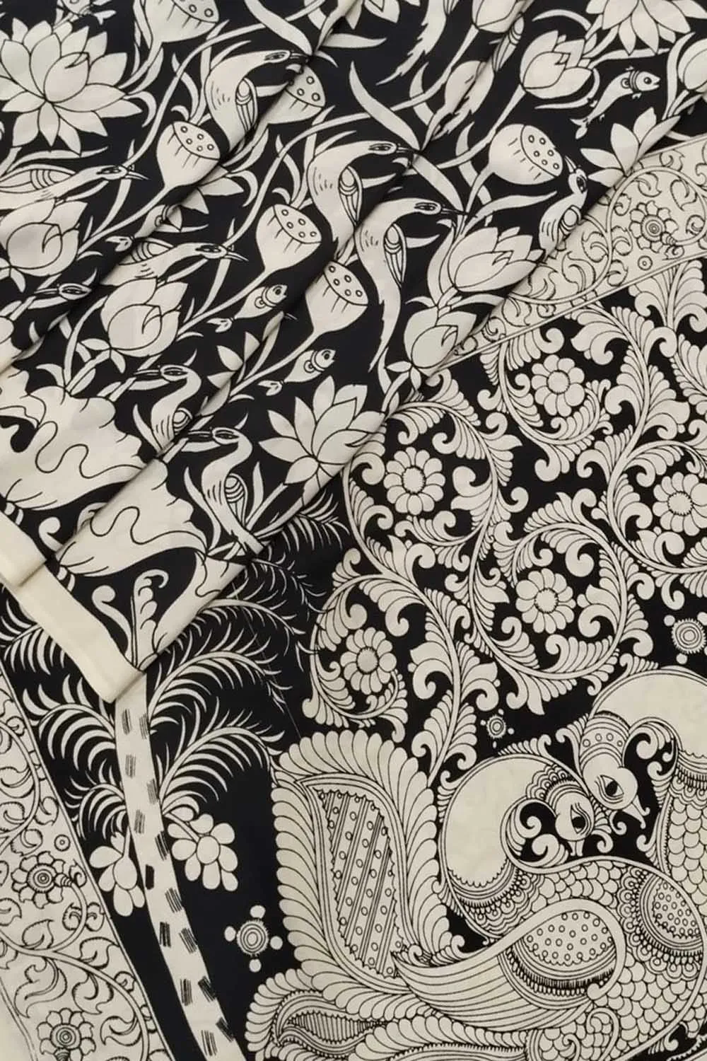 Elegant Black & White Hand Painted Chennur Silk Saree