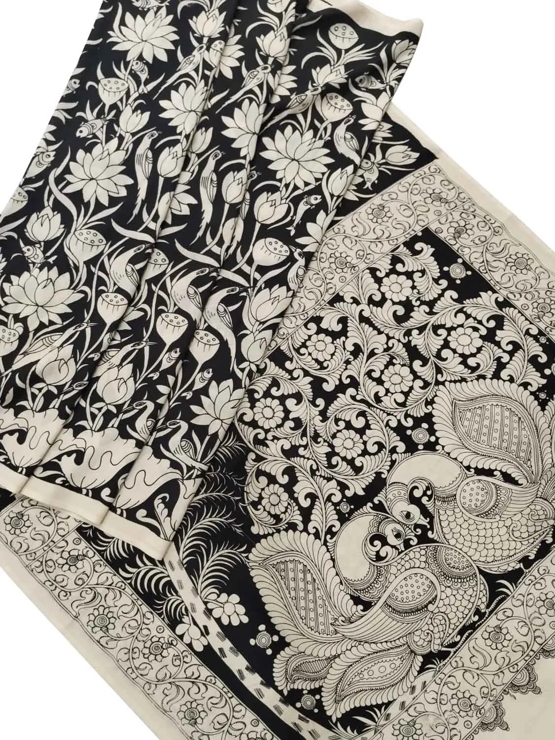 Elegant Black & White Hand Painted Chennur Silk Saree