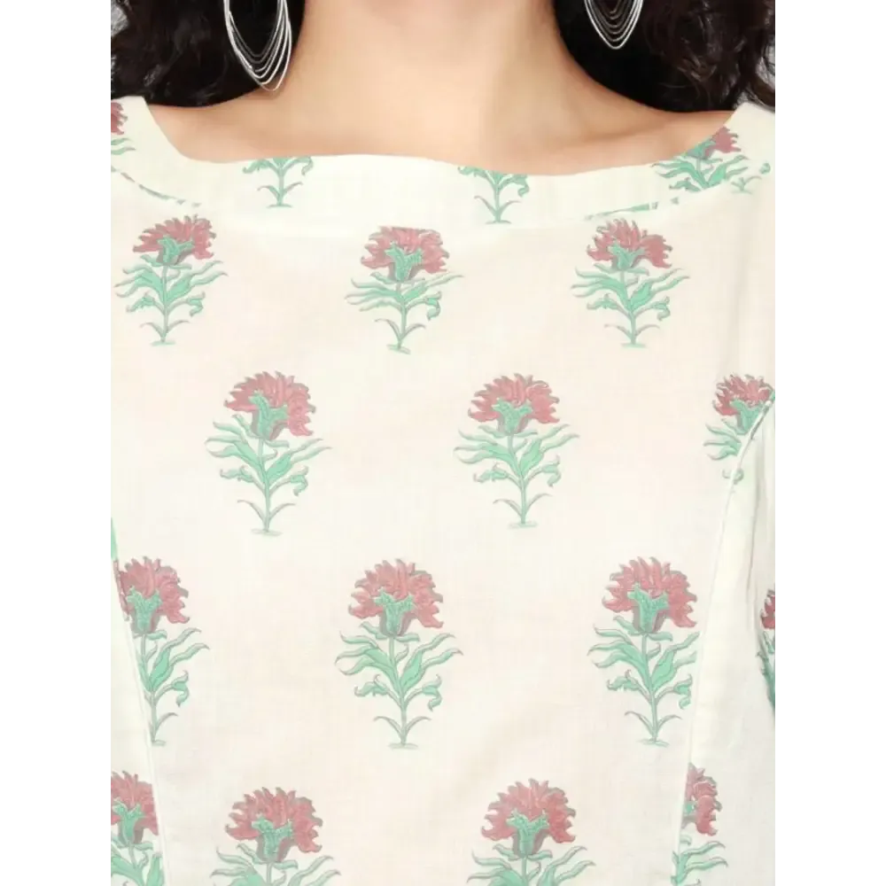 Elegant White Pure Cotton Floral Print Dress For Women
