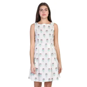Elegant White Pure Cotton Floral Print Dress For Women