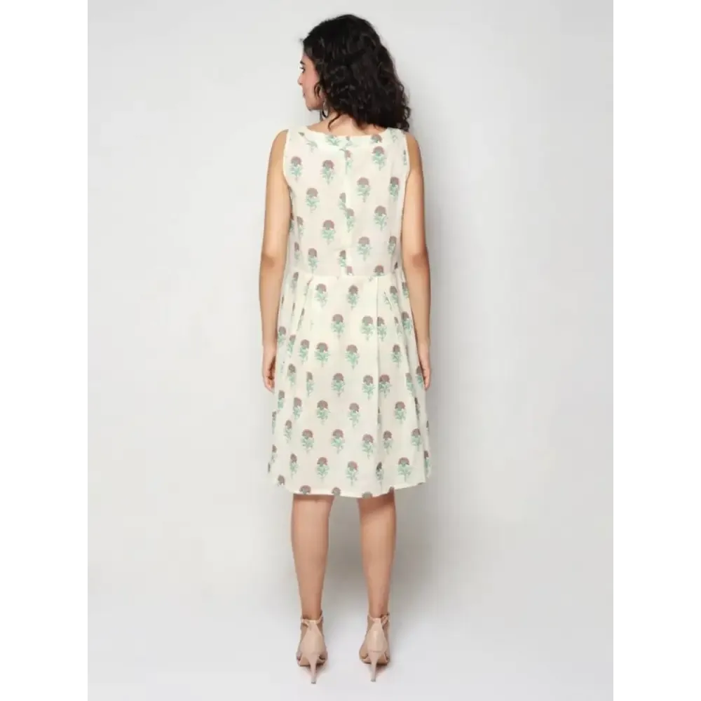 Elegant White Pure Cotton Floral Print Dress For Women