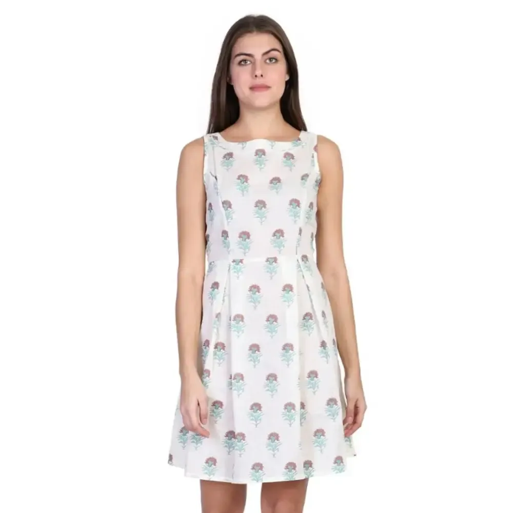 Elegant White Pure Cotton Floral Print Dress For Women