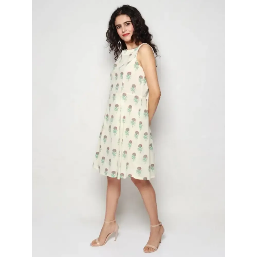 Elegant White Pure Cotton Floral Print Dress For Women