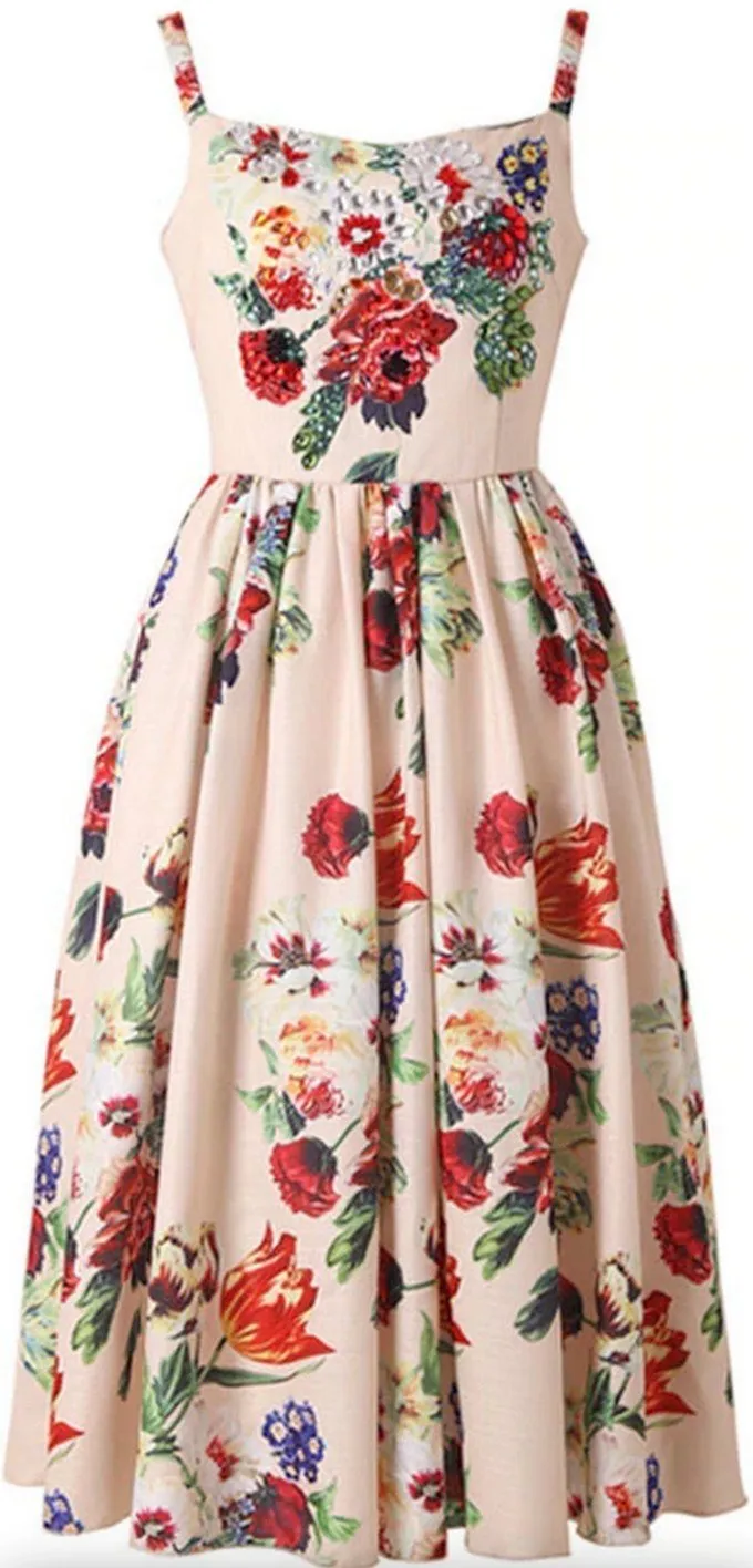 Embellished Floral-Printed Sun Dress