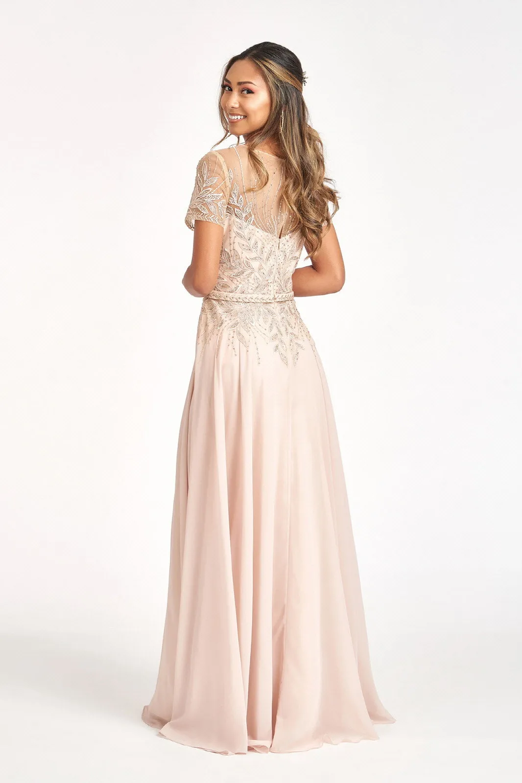 Embroidered Chiffon A-line Short Sleeves and Waistband Long Mother Of The Bride Dress GLGL3067 Sale