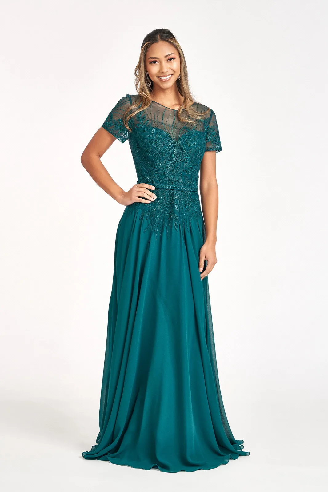 Embroidered Chiffon A-line Short Sleeves and Waistband Long Mother Of The Bride Dress GLGL3067 Sale