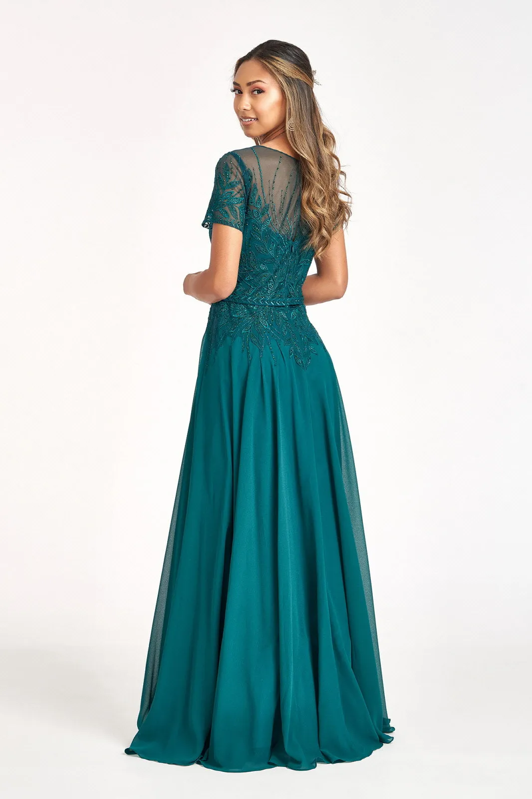 Embroidered Chiffon A-line Short Sleeves and Waistband Long Mother Of The Bride Dress GLGL3067 Sale
