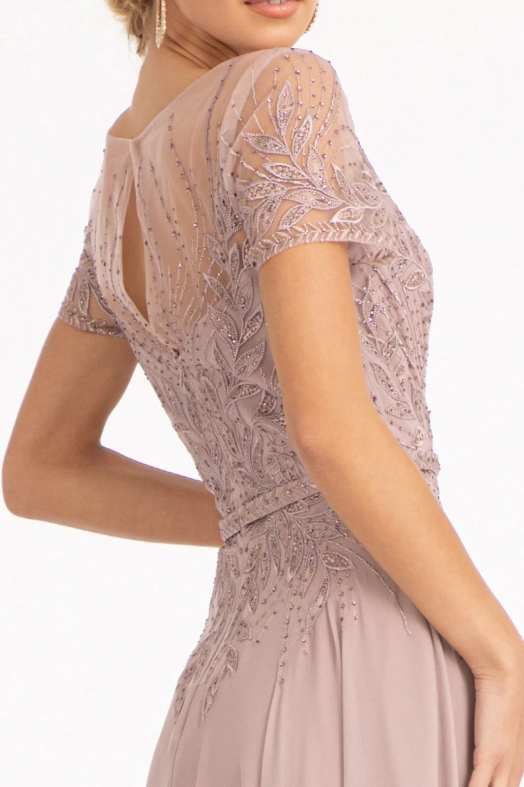 Embroidered Chiffon A-line Short Sleeves and Waistband Long Mother Of The Bride Dress GLGL3067 Sale
