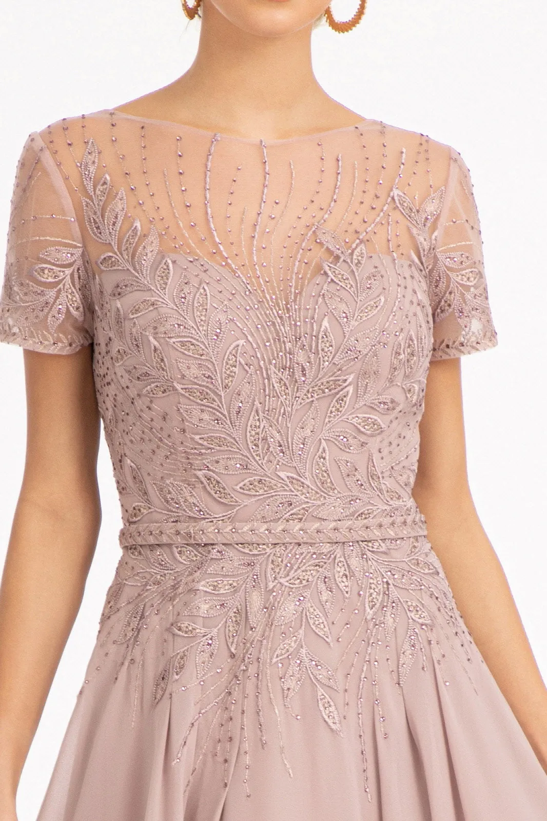 Embroidered Chiffon A-line Short Sleeves and Waistband Long Mother Of The Bride Dress GLGL3067 Sale