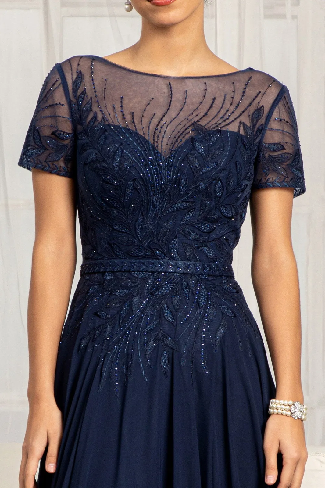 Embroidered Chiffon A-line Short Sleeves and Waistband Long Mother Of The Bride Dress GLGL3067 Sale