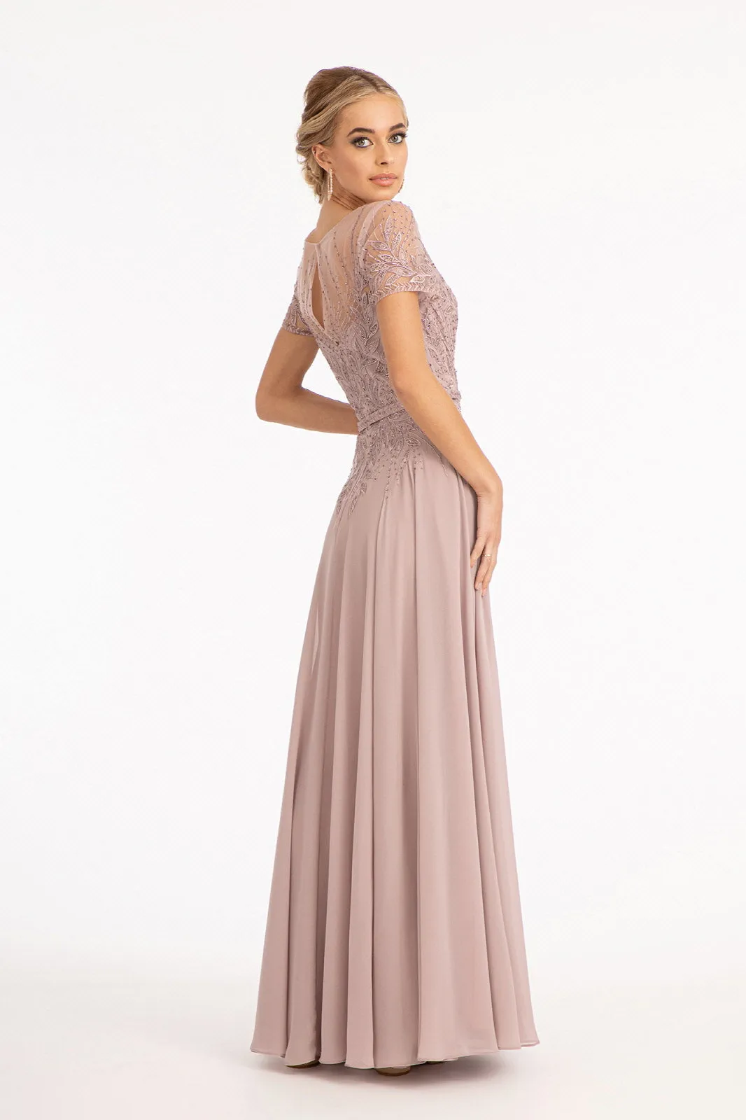 Embroidered Chiffon A-line Short Sleeves and Waistband Long Mother Of The Bride Dress GLGL3067 Sale