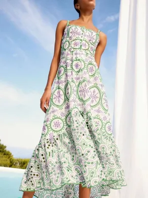 Embroidery Hollow Out Dress For Women Square Collar Sleeveless High Waist Casual Fashion A Line Dresses Female Summer Style
