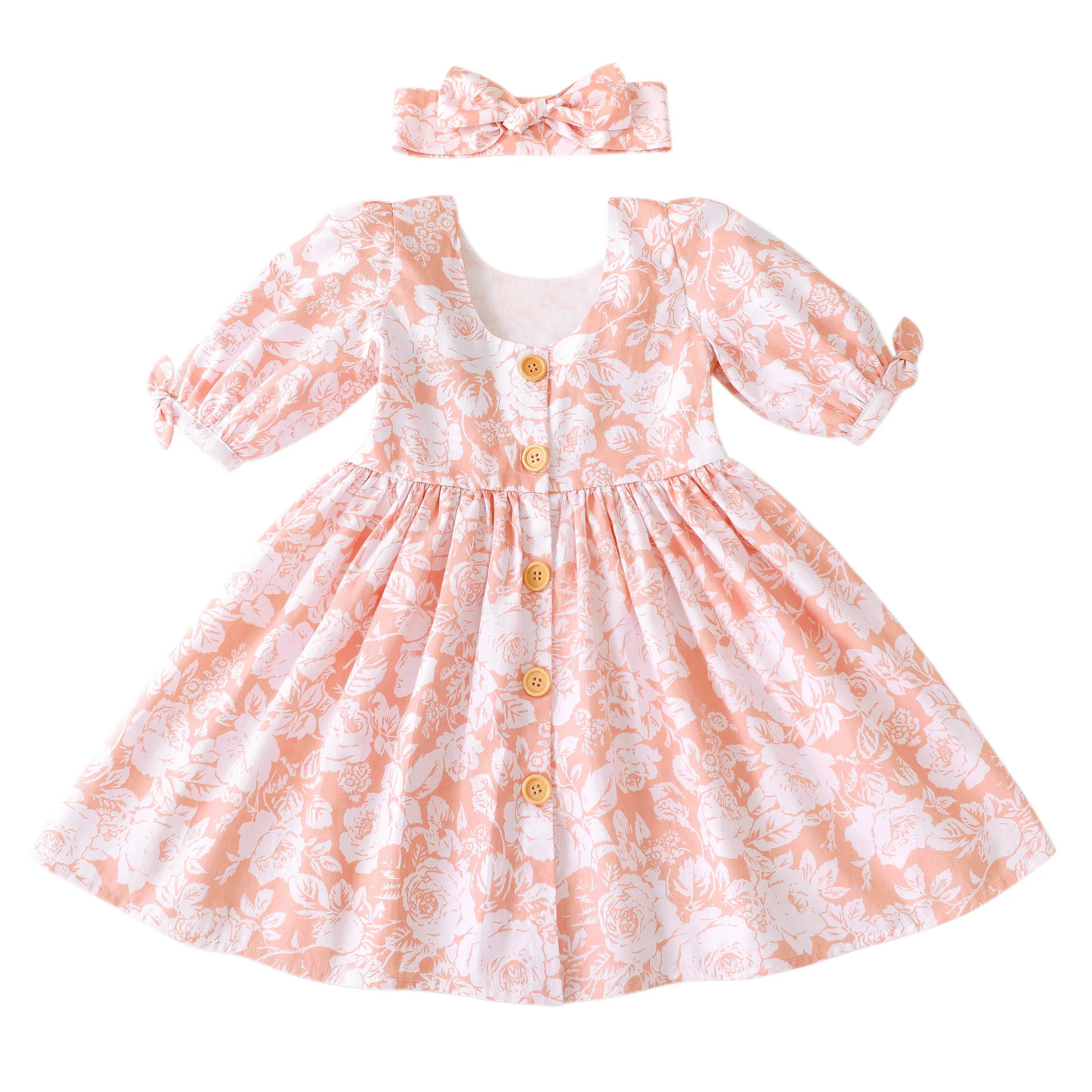 Flofallzique Floral Girls Dress Scoop Back 1/2 Sleeves Vintage Midi Dress Cute Kids Clothes