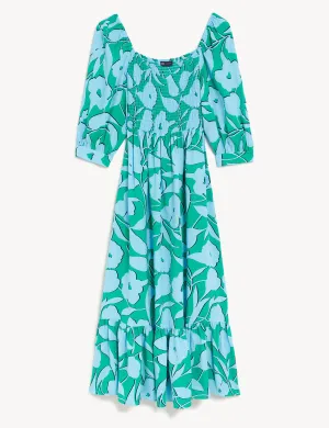 Floral Square Neck Midi Smock Dress