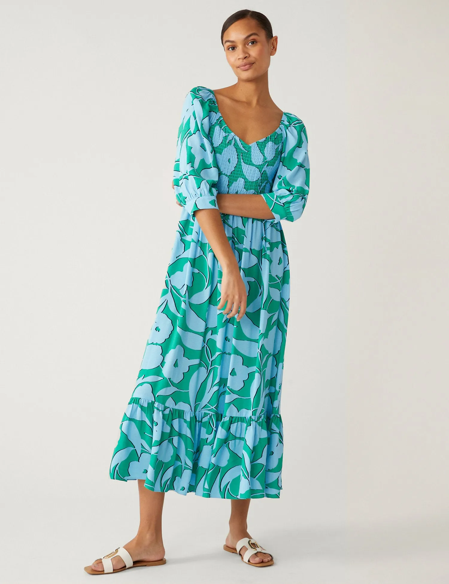 Floral Square Neck Midi Smock Dress