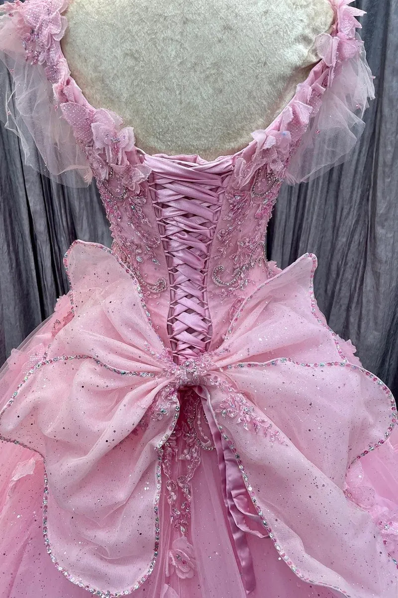 Flutter Sleeves Pink Tulle Ball Gown with Butterfly Appliques