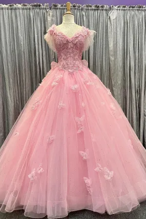 Flutter Sleeves Pink Tulle Ball Gown with Butterfly Appliques