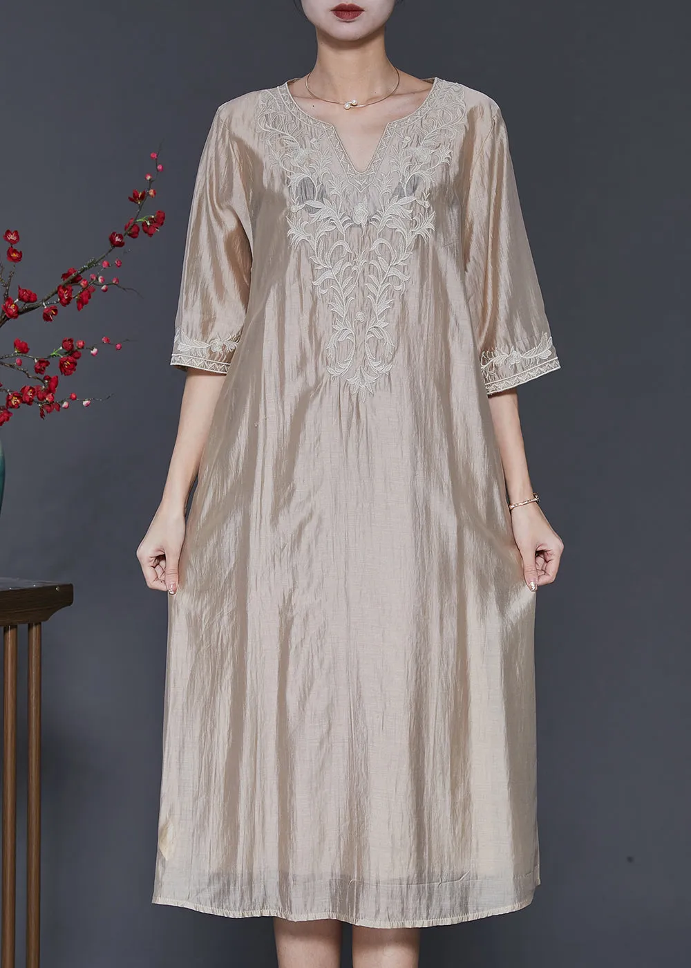 French Champagne Embroidered Linen Silk Dresses Half Sleeve SD1098