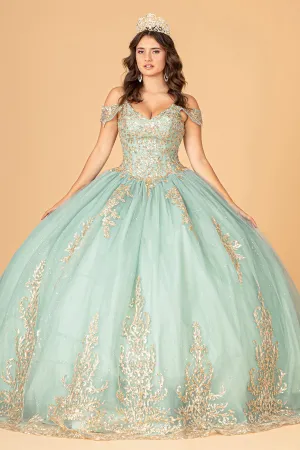 Gold Embroidered Mesh w/ Corset Back Quinceanera Ball Dress GLGL3100