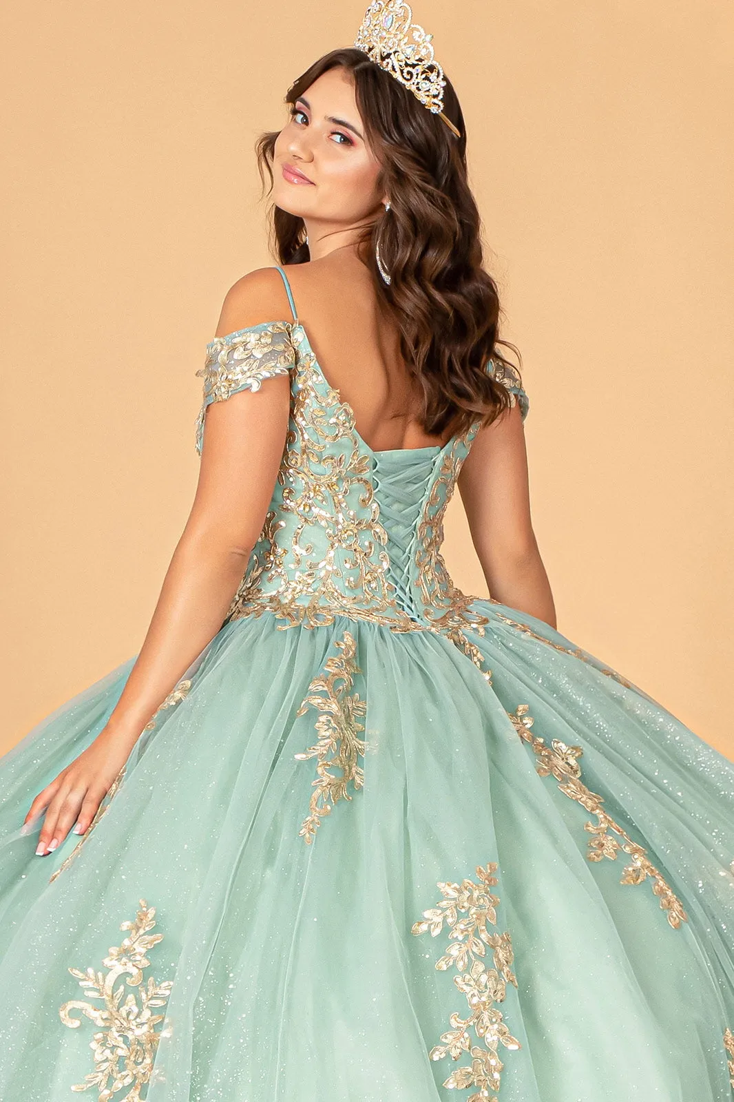 Gold Embroidered Mesh w/ Corset Back Quinceanera Ball Dress GLGL3100
