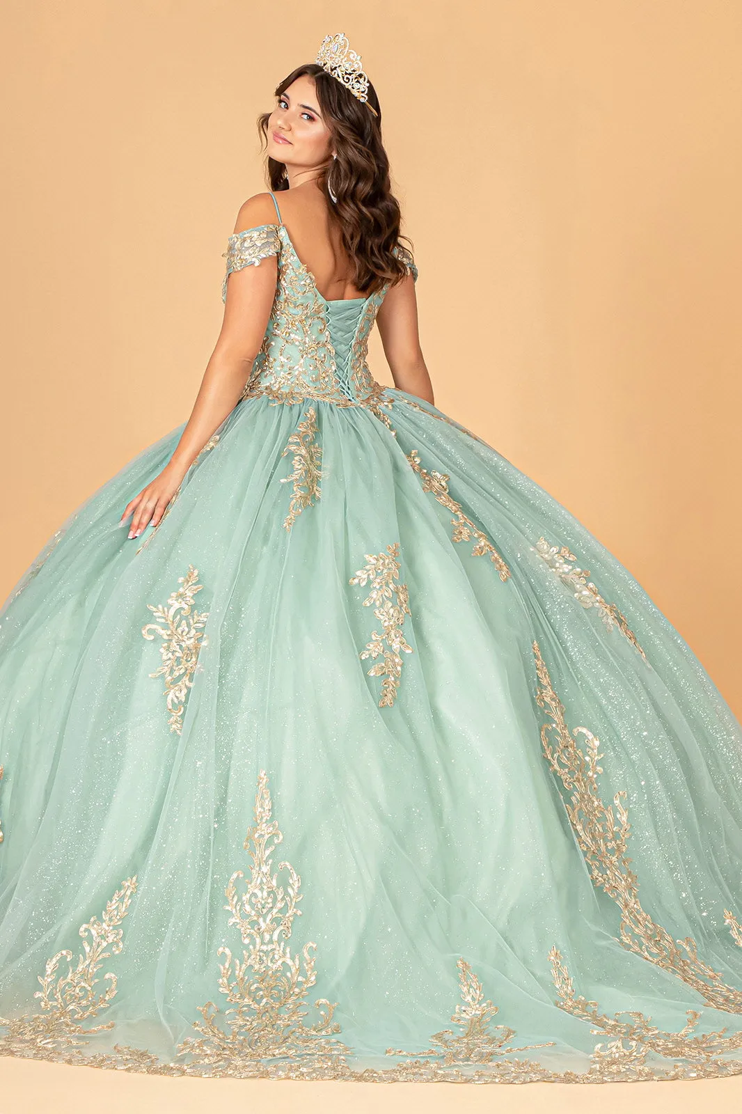 Gold Embroidered Mesh w/ Corset Back Quinceanera Ball Dress GLGL3100