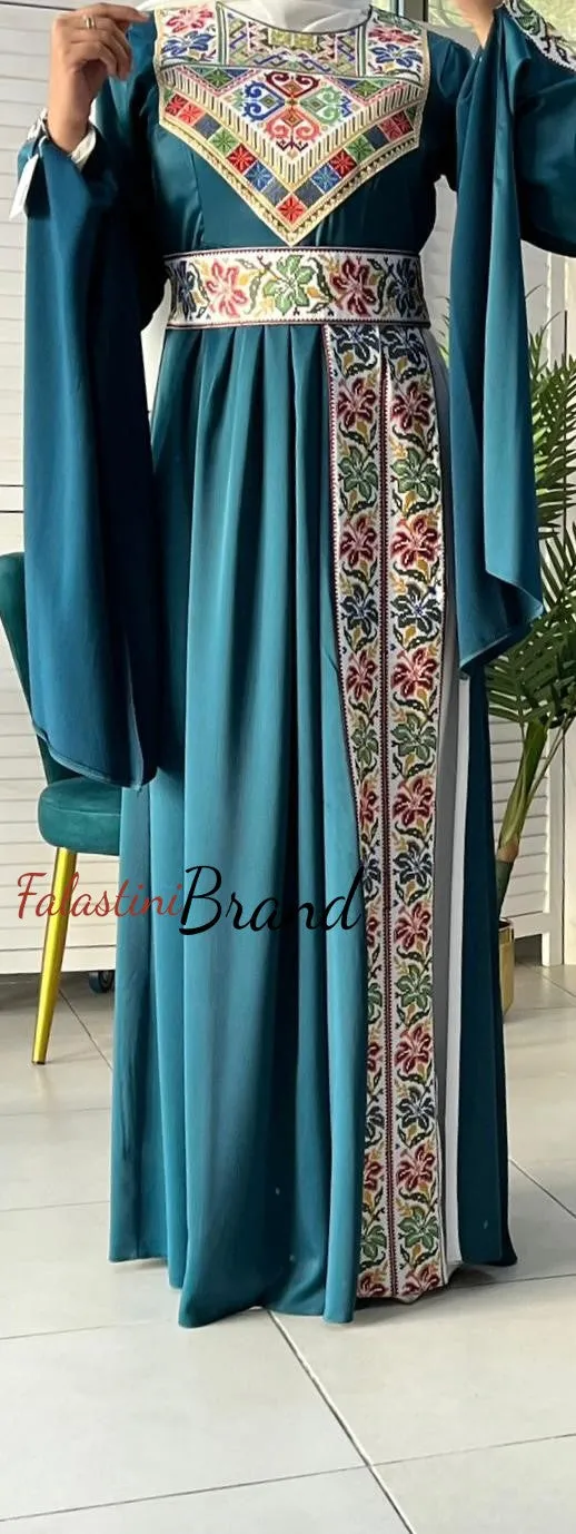 Gorgeous Turquoise Satin Dress With Colorful Embroidery and Slit Sleeves