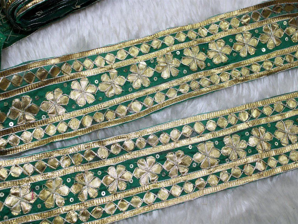 Green Floral Gota Work Embroidered Border