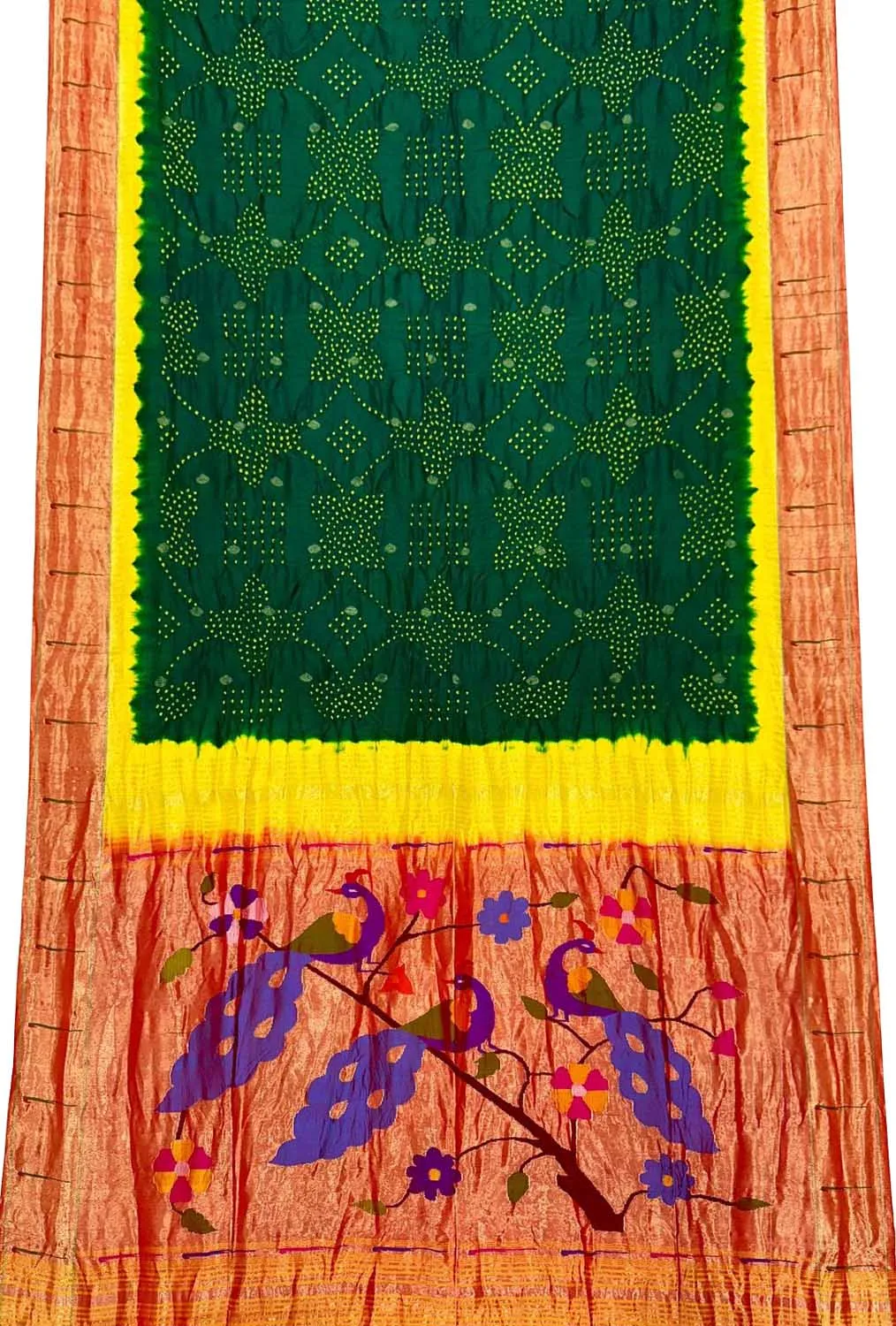 Green Paithani Silk Saree with Muniya Border & Hand Bandhej