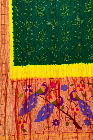 Green Paithani Silk Saree with Muniya Border & Hand Bandhej