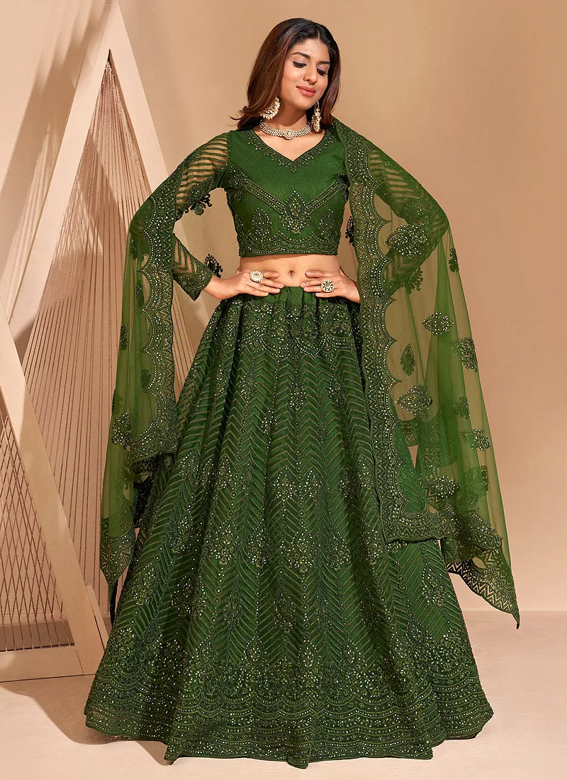 Green Traditional Embroidered Wedding Lehenga Choli