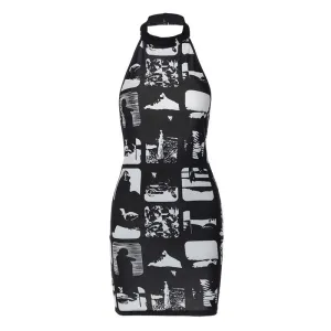 Halter contrast print backless mini dress