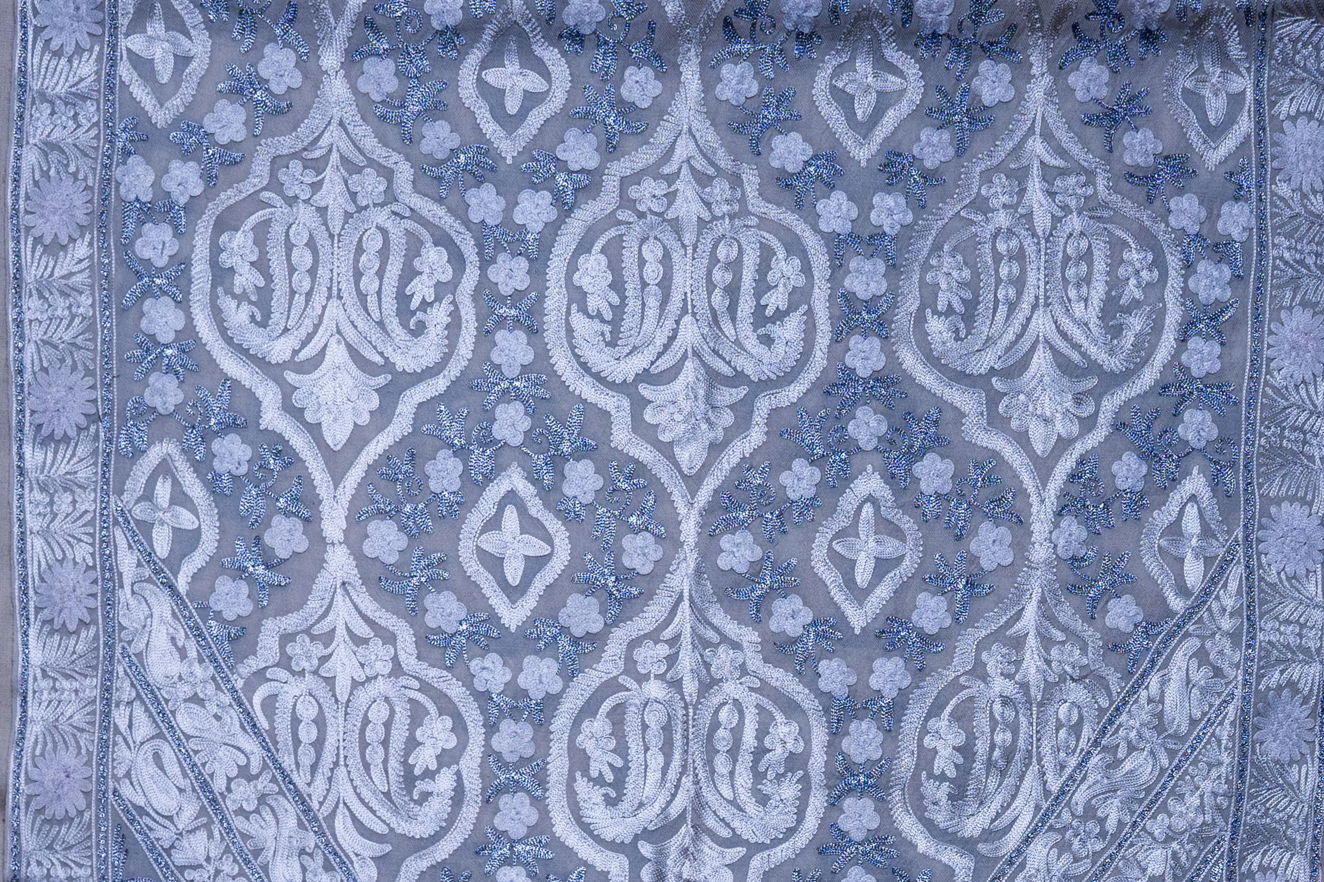 Ivory Frost Merino Wool Scarf with Aari-Embroidered Motifs