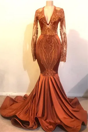 kamahe Mermaid Deep V-neck Long Sleeve Floor Length Chiffon Embroidery Prom Dress