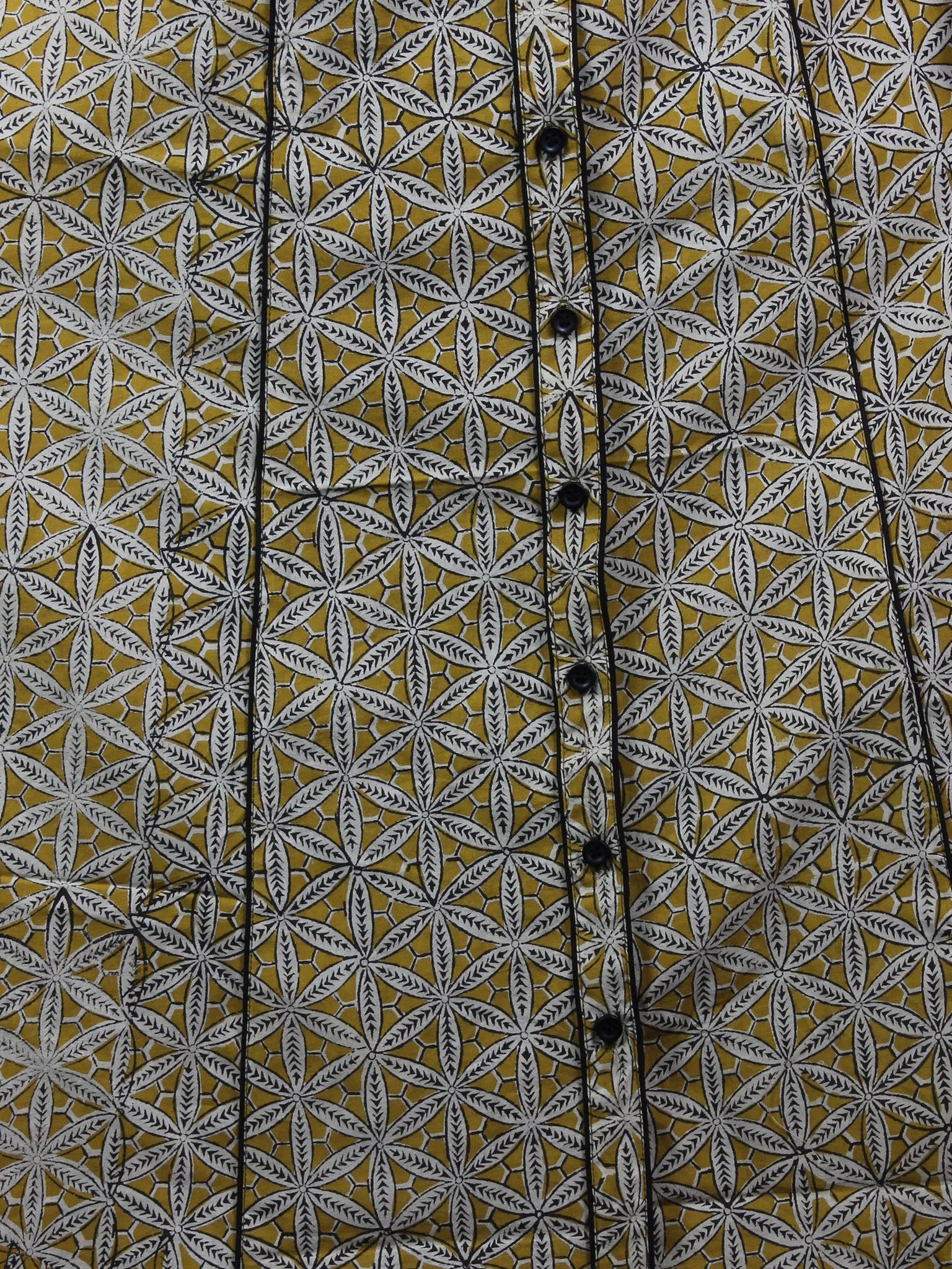 Mustard Yellow Black Beige Hand Block Printed Cotton Shirt Dress - D2446901