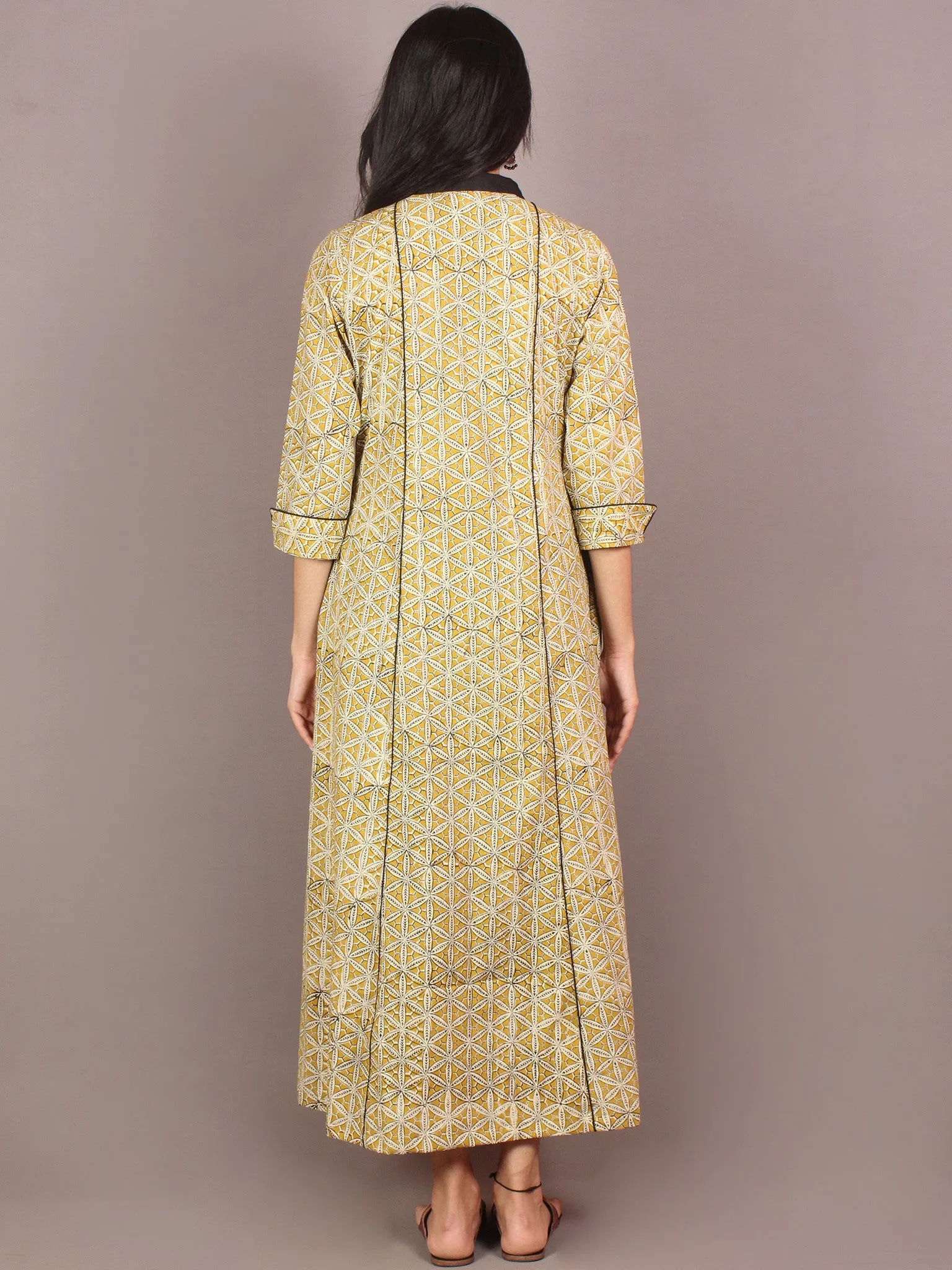 Mustard Yellow Black Beige Hand Block Printed Cotton Shirt Dress - D2446901
