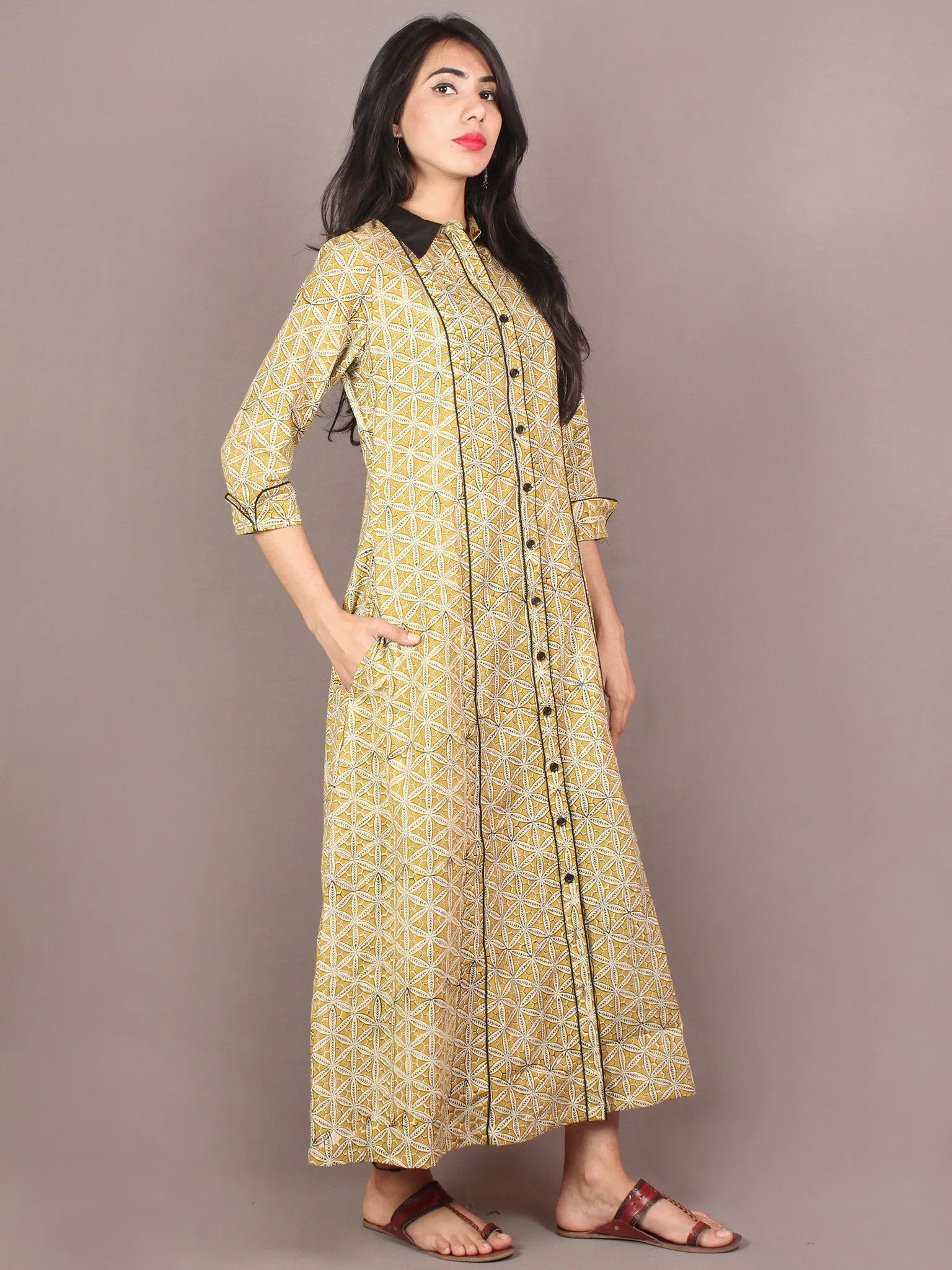 Mustard Yellow Black Beige Hand Block Printed Cotton Shirt Dress - D2446901