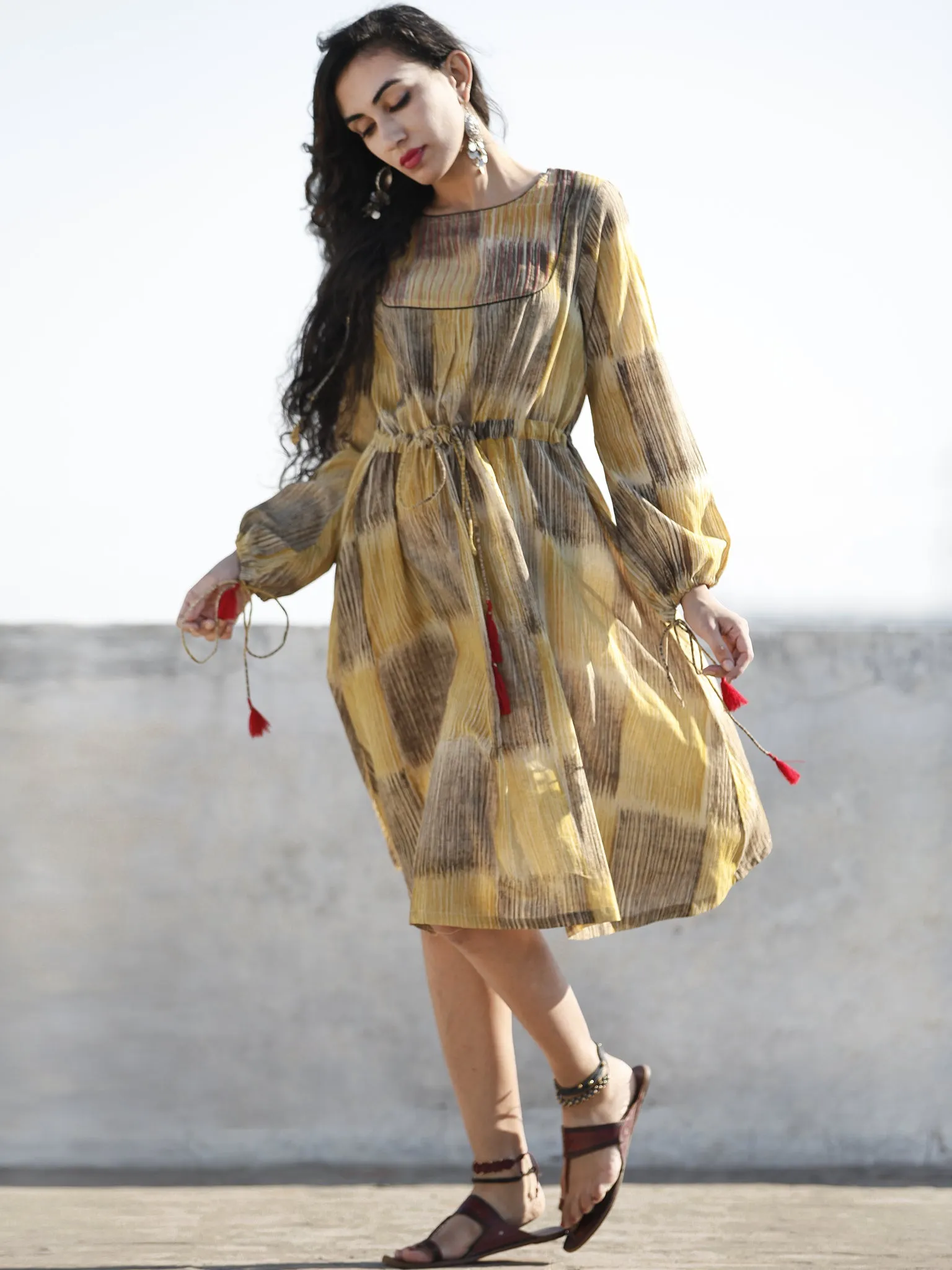 Mustard Yellow Brown Hand Brush Painted Cotton  Dress With Tassels and PinTuck Details- D198F1088