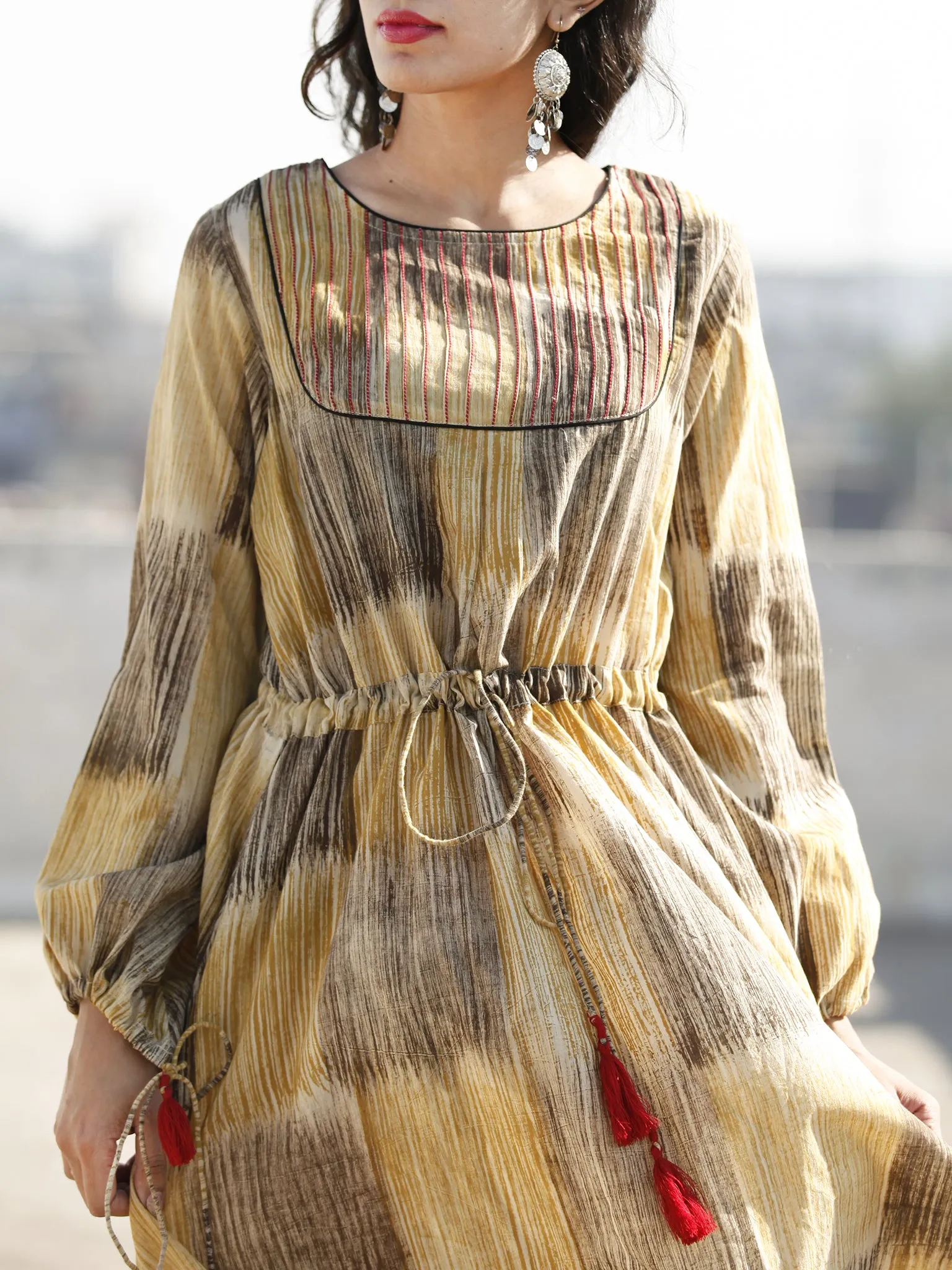 Mustard Yellow Brown Hand Brush Painted Cotton  Dress With Tassels and PinTuck Details- D198F1088