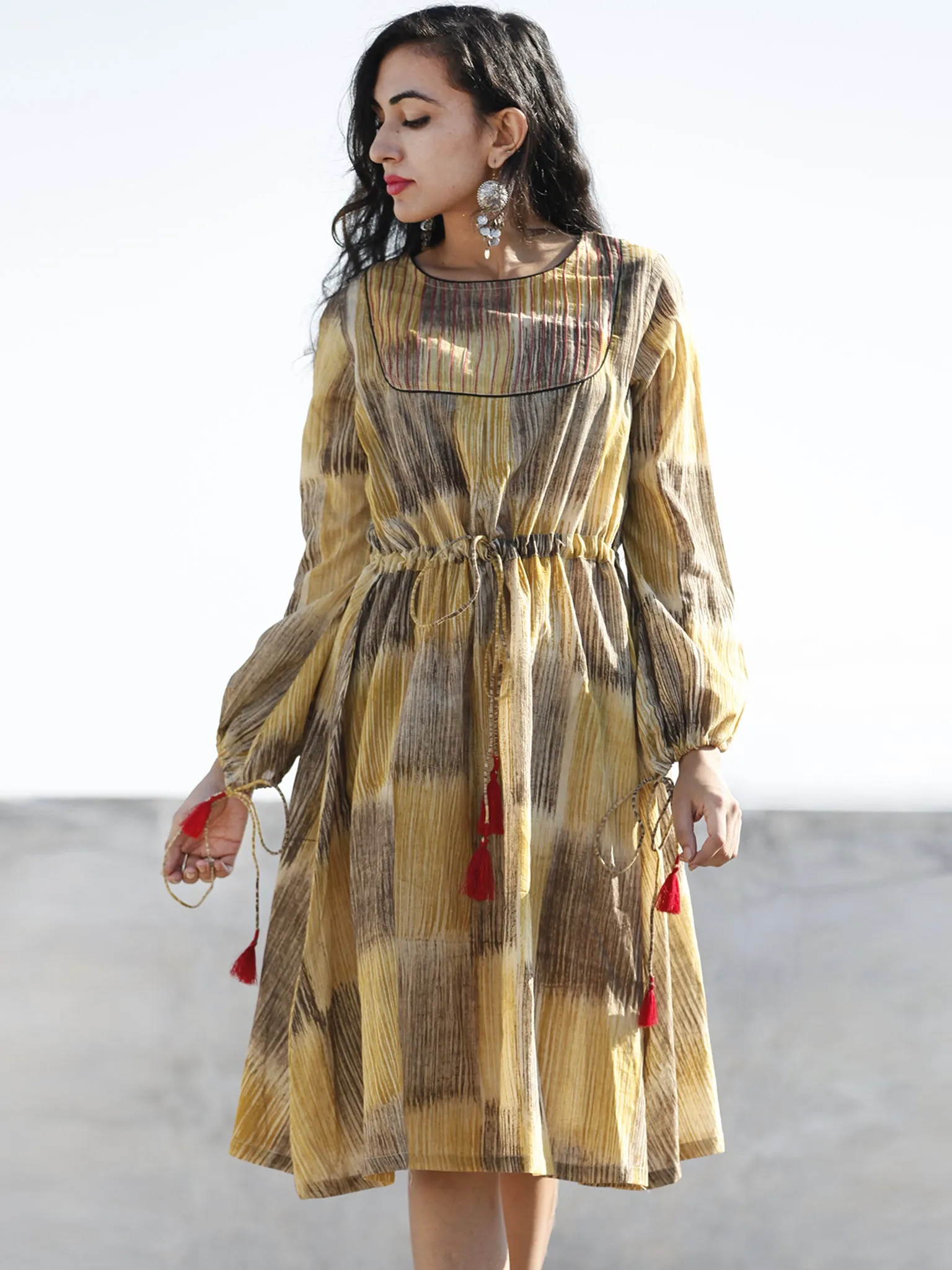 Mustard Yellow Brown Hand Brush Painted Cotton  Dress With Tassels and PinTuck Details- D198F1088