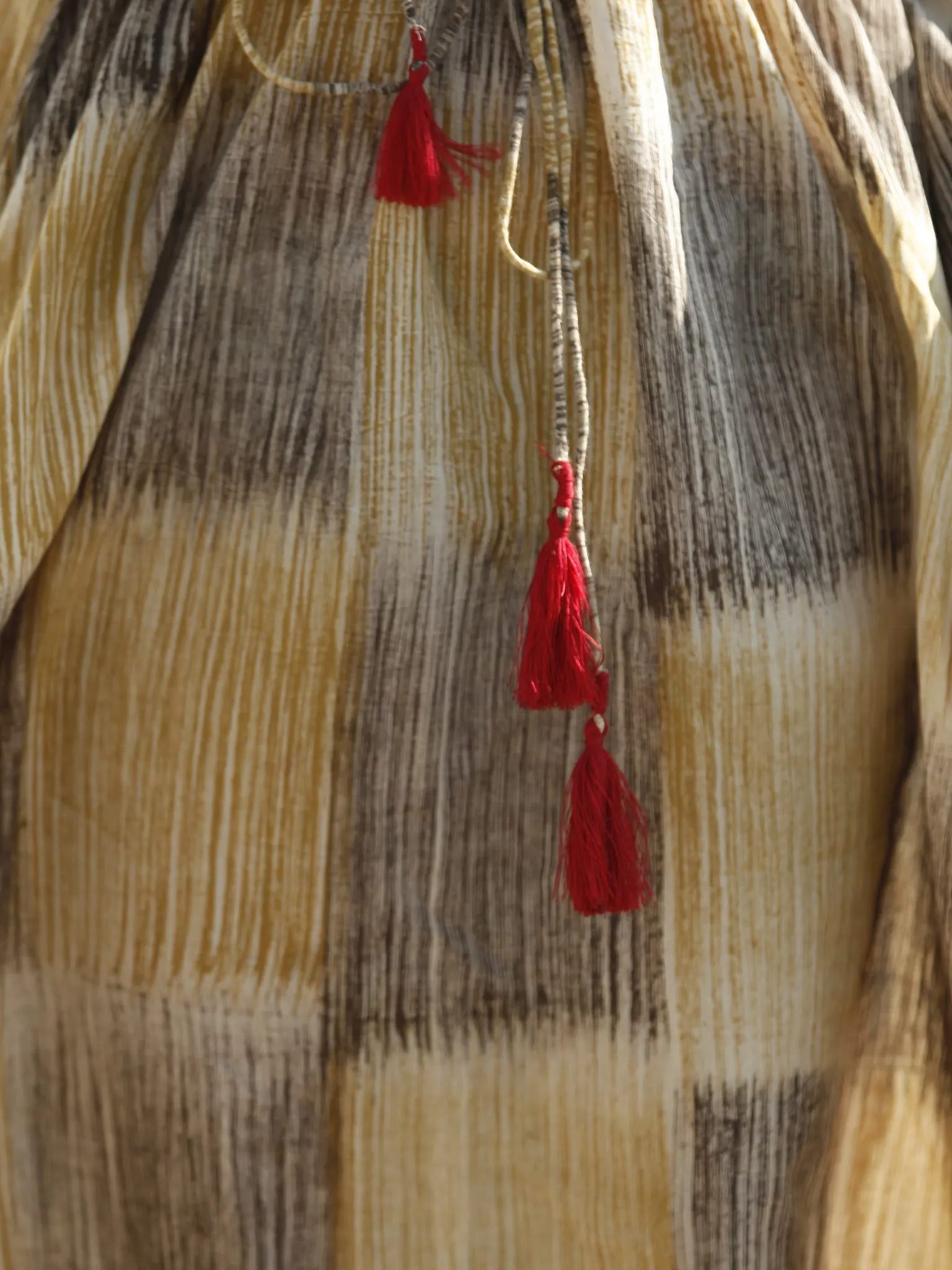 Mustard Yellow Brown Hand Brush Painted Cotton  Dress With Tassels and PinTuck Details- D198F1088