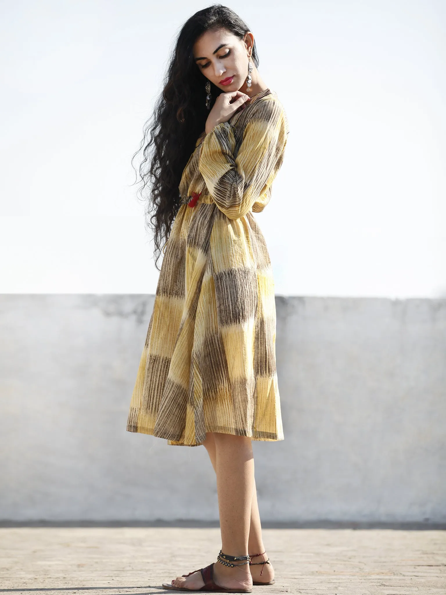 Mustard Yellow Brown Hand Brush Painted Cotton  Dress With Tassels and PinTuck Details- D198F1088