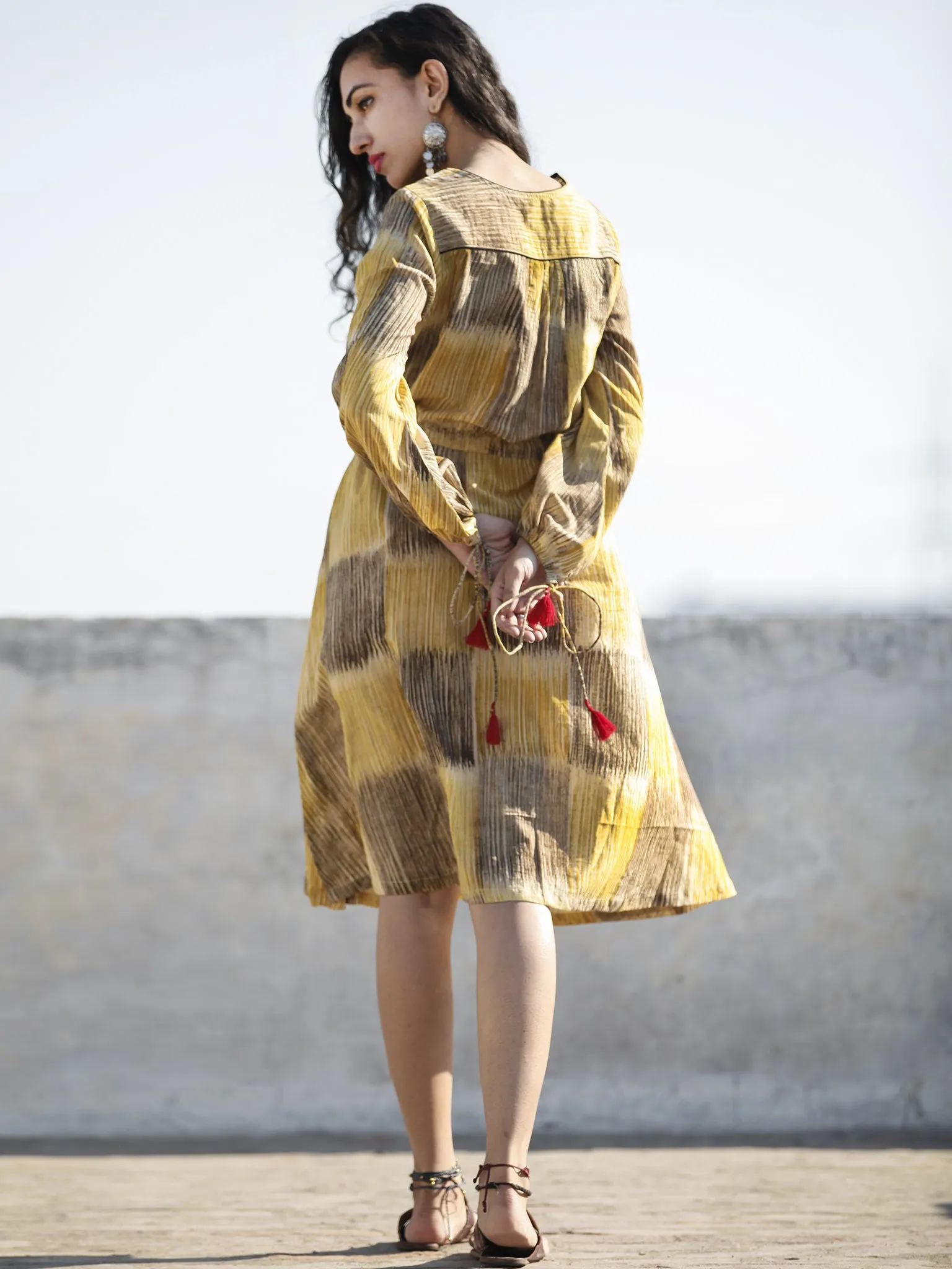 Mustard Yellow Brown Hand Brush Painted Cotton  Dress With Tassels and PinTuck Details- D198F1088