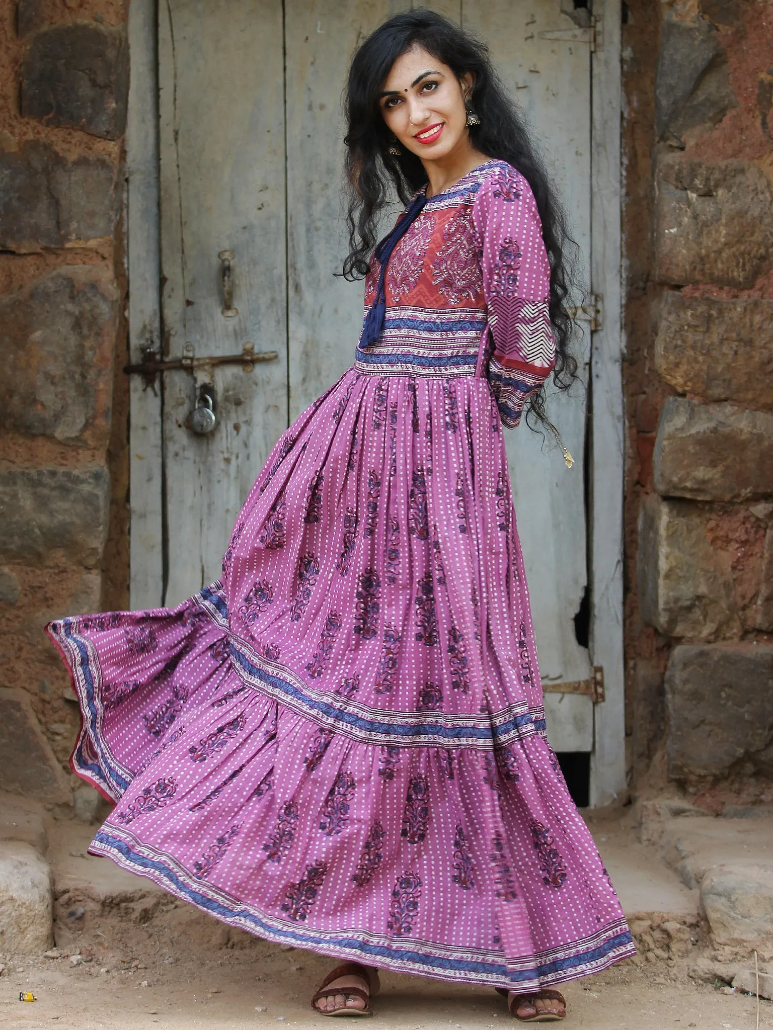 Naaz Lavender Chorus - Hand Block Printed Long Cotton Tier Dress - DS69F001