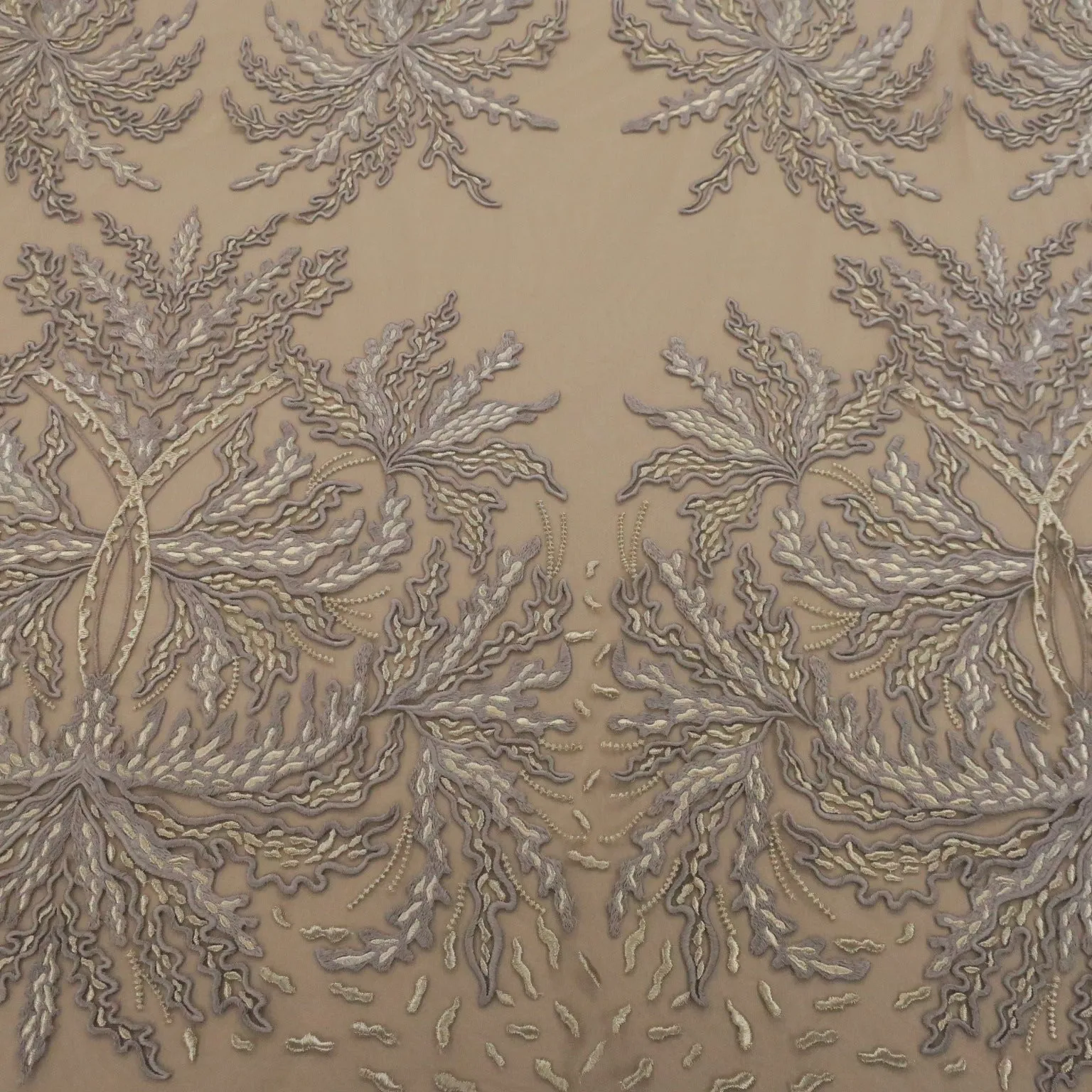 Nude Tulle with Gold and Silver Floral Embroidery Fabric