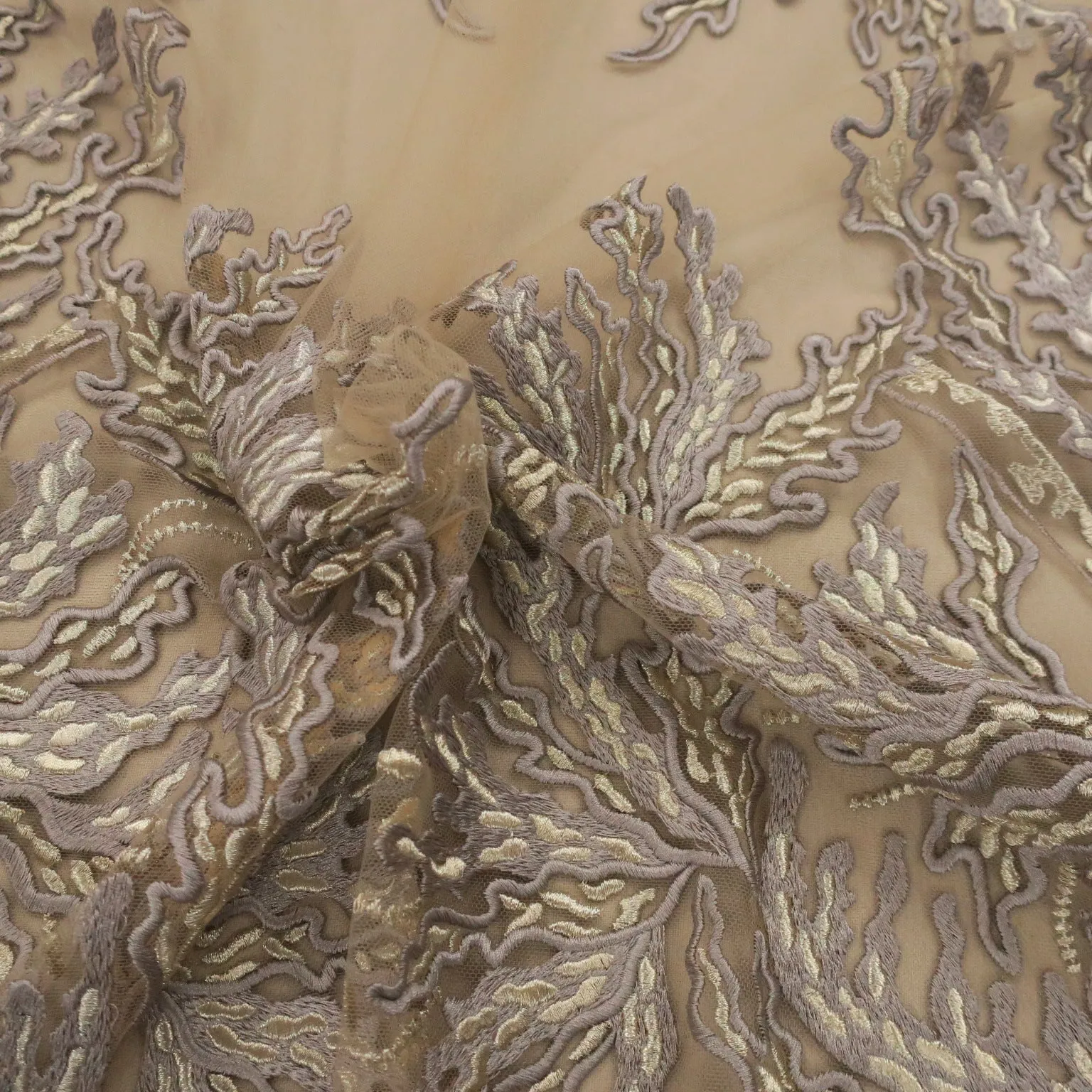 Nude Tulle with Gold and Silver Floral Embroidery Fabric