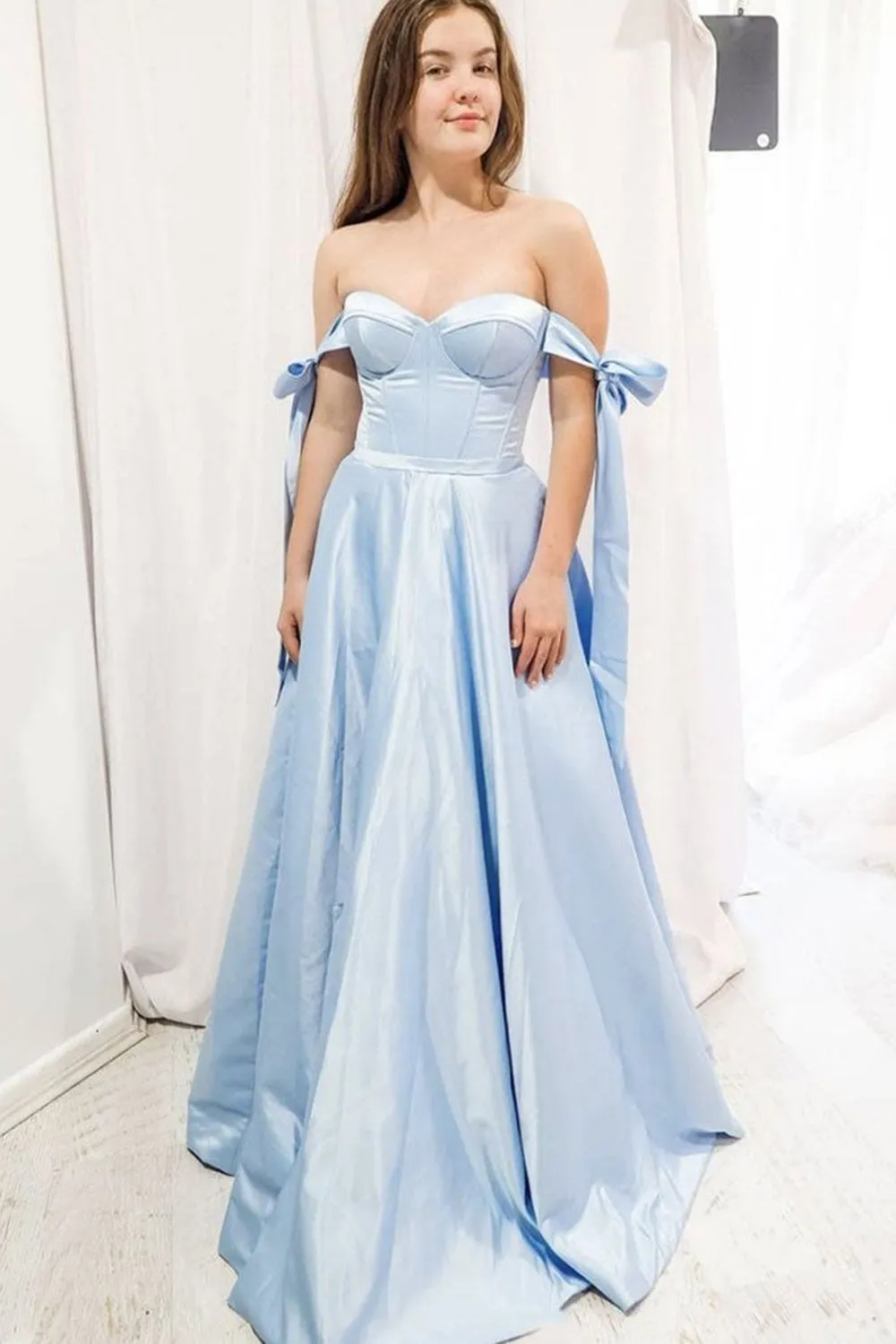 Off Shoulder Light Blue Long Prom Dresses, Light Blue Formal Graduation Evening Dresses