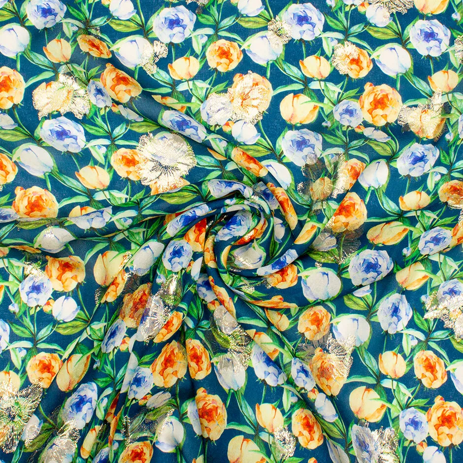 Orange & Blue Floral Printed Teal Silk Georgette