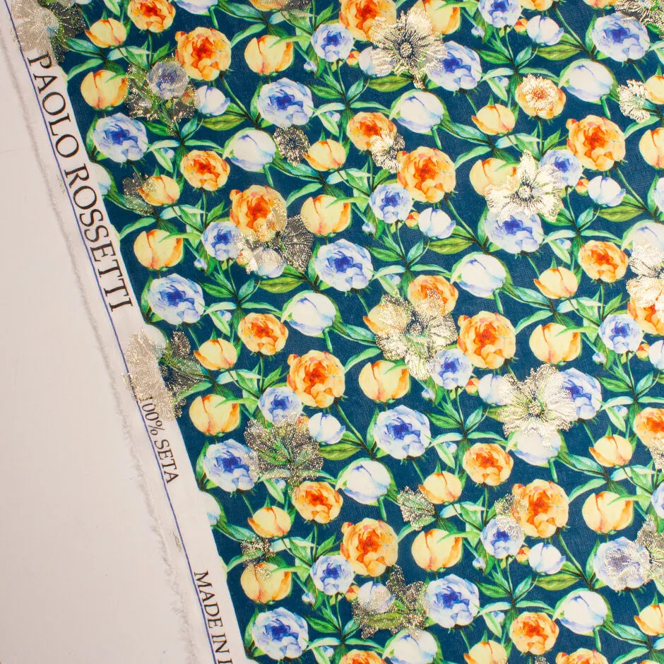 Orange & Blue Floral Printed Teal Silk Georgette