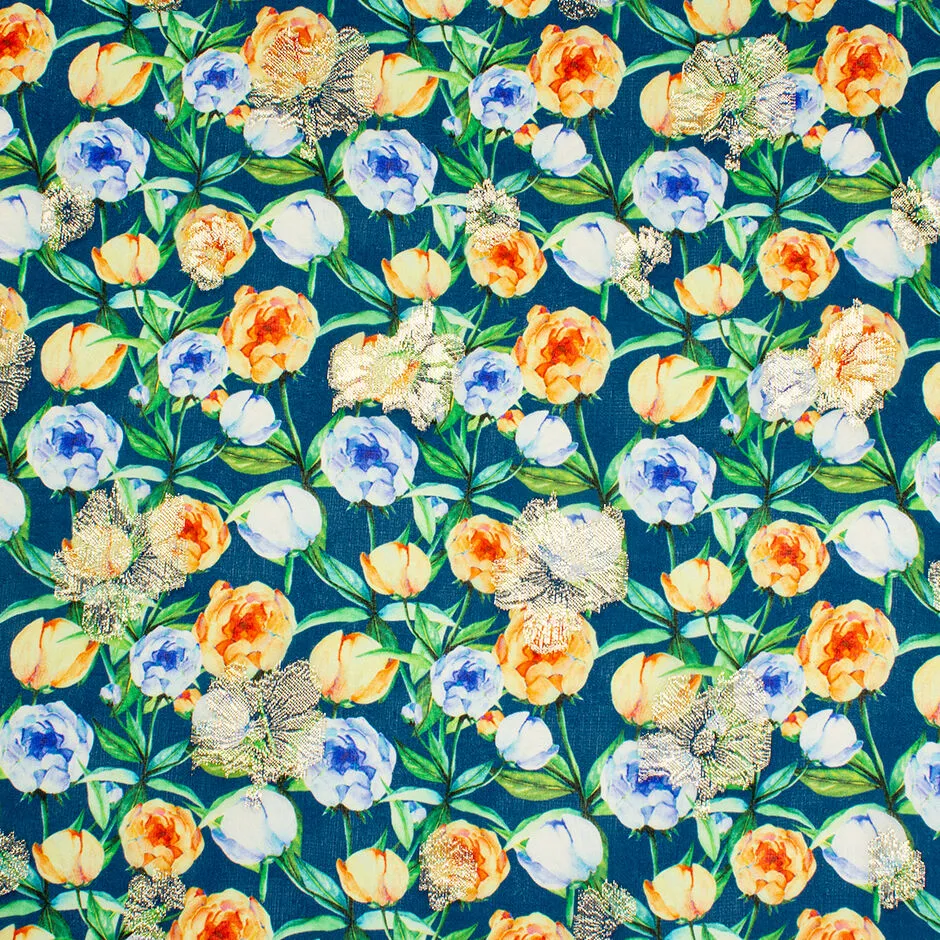 Orange & Blue Floral Printed Teal Silk Georgette