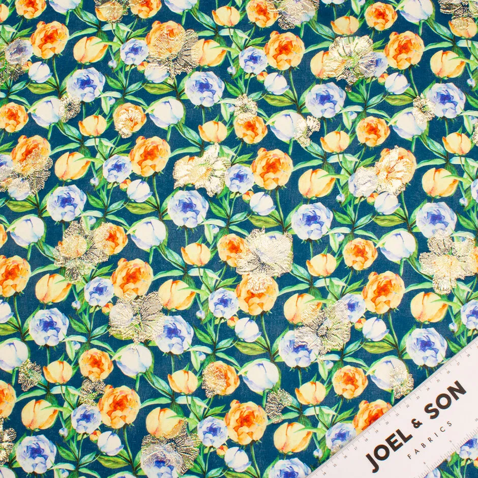 Orange & Blue Floral Printed Teal Silk Georgette